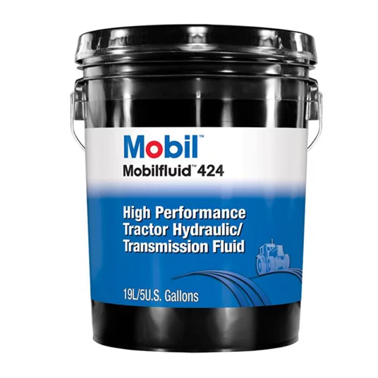 Bucket of Mobil tractor hydraulic fluid sold by Rhinehart Oil.