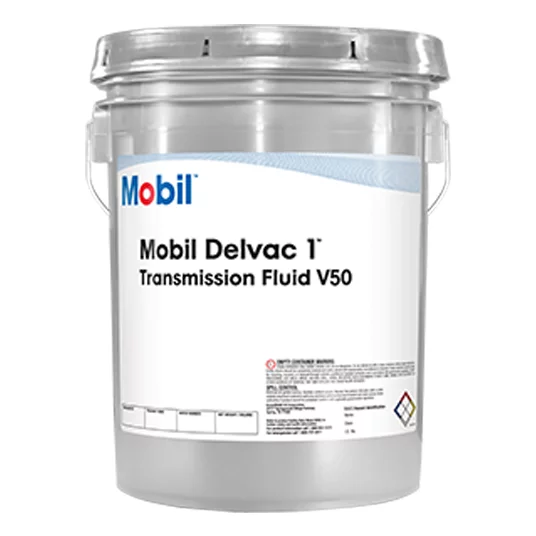 Bucket of Mobil transmission fluid sold by Rhinehart Oil.