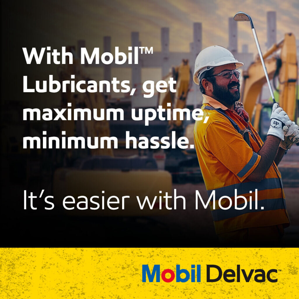 Man in safety vest. Text states: With Mobil™ Lubricants, get maximum uptime, minimum hassle. It's easier with Mobil.